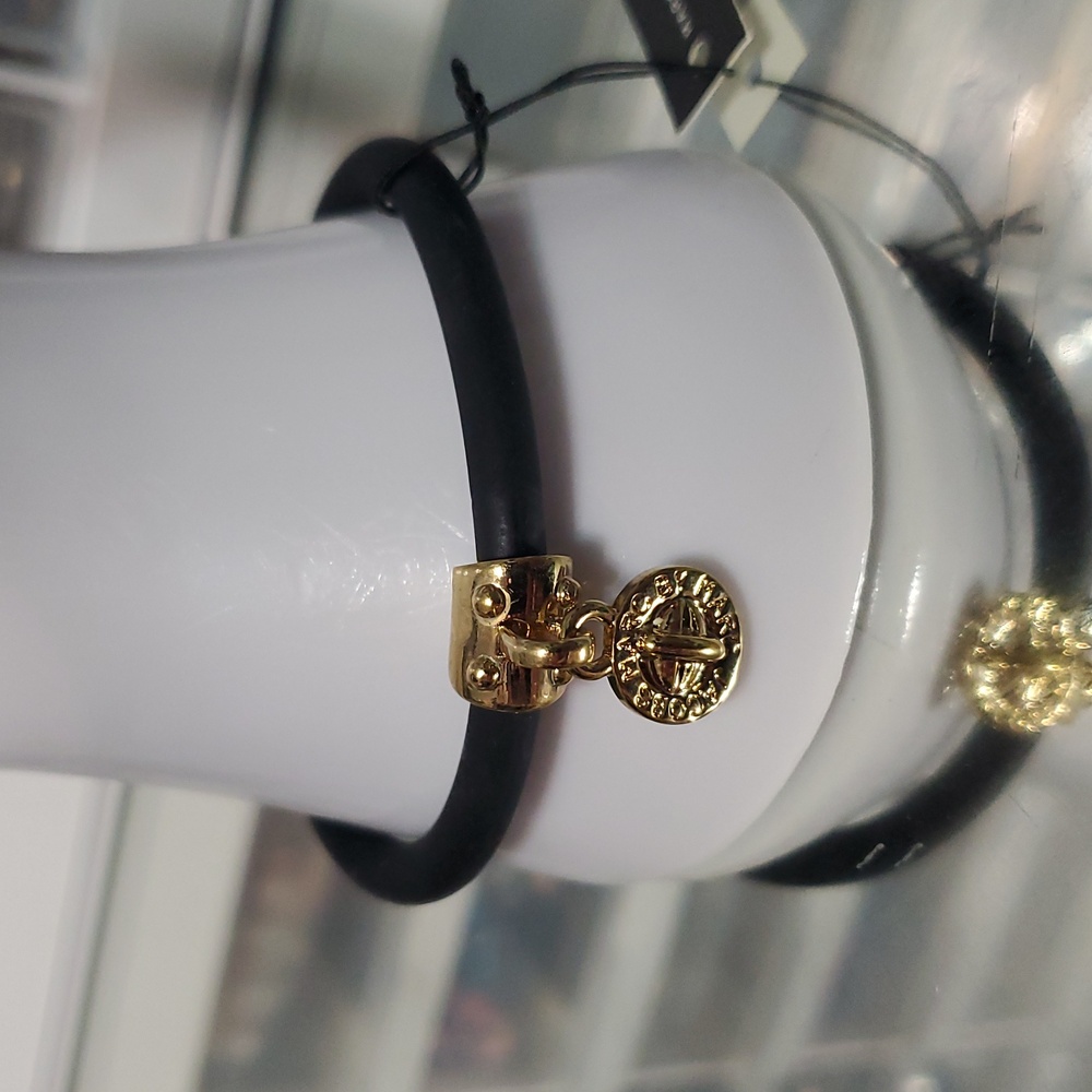 NWT Marc By Marc Jacobs Black With Gold Tone TurnLock Charm Rubber Bracelet